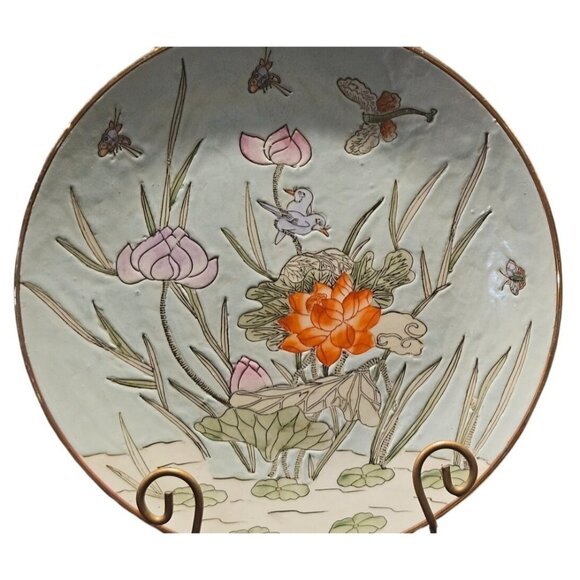 Vintage Plate Asian Hand-Painted Lotus Dragonfly Lily Gold Rim Stand 10.5 Green - Picture 3 of 9